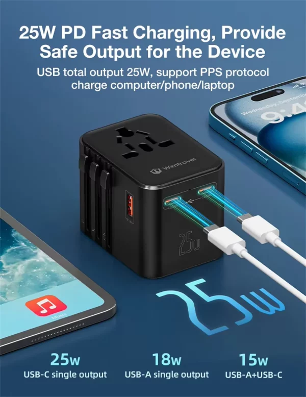 Adaptateur de voyage international – 4 prises, 3 ports USB & charge rapide pour tous vos appareils – Image 7