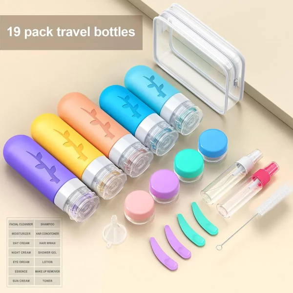 Set de 19 flacons de voyage en silicone – Antifuite & approuvés TSA, pour cosmétiques et soins – Image 3
